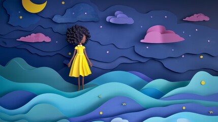 Little Girl at Abyss Edge Surrounded by Blue Waves and Rocks.