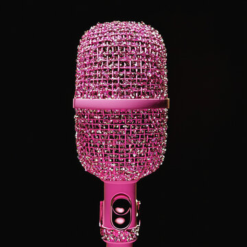 Shiny pink microphone adorned with sparkling rhinestones on black background.
