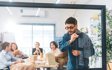 Asian business teamwork in a modern office planning and presenting ESG and technology innovations