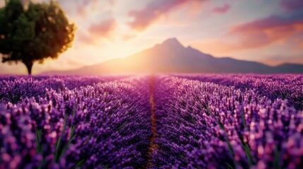 Fototapeta premium Vibrant lavender field at sunset with a silhouette of a tree and mountain in the background.