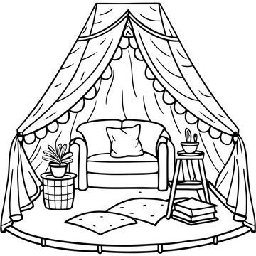 recommend clip art: cozy reading nook under a blanket fort line art 