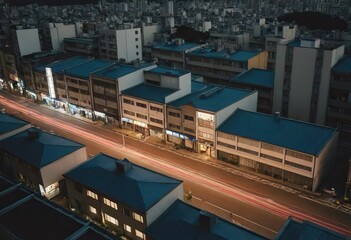 Aerial view of a city at night with a hotel sign