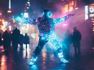 Fototapeta premium A man in a costume with lights on his body is standing on a wet street