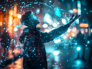 A man is reaching out to the sky, surrounded by a glowing blue light