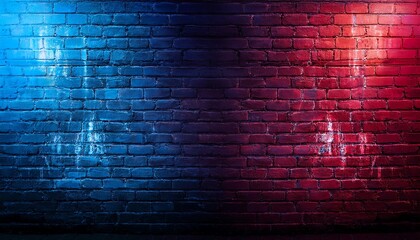 A vibrant, illuminated brick wall split into blue and red sections, creating a dynamic, colorful backdrop.
