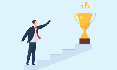 Milestones of Project and Project Success with Target and Focus of Business Success with Steps of Success and Stairs of Success Milestone. Vector of successful businessman with a trophy of leadership