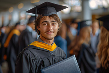 Male graduate beams with pride, holding his diploma tightly while dressed in cap and gown. The backdrop is filled with fellow graduates, celebrating their achievements on this special day