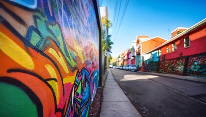 A vibrant street scene featuring colorful graffiti on a wall alongside a quaint sidewalk and red...