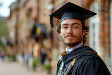 Fototapeta premium Confident male graduate holds a diploma, wearing a cap and gown, celebrating academic success in a vibrant, festive campus setting