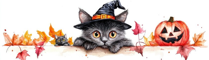 A cute black cat wearing a witch hat with a pumpkin and autumn leaves, perfect for Halloween-themed decor.