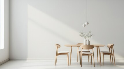 Bright dining room with minimalist furniture and soft lighting, minimalistic interior, dining harmony