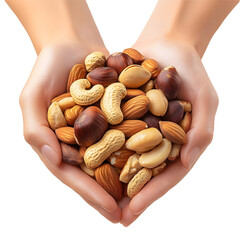 A Collection of Cashews, Almonds, Peanuts, and Hazelnuts Held in Two Hands Isolated on a Transparent Background