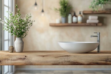 Fototapeta premium Top wood table for product display montage with bath room background with generative ai