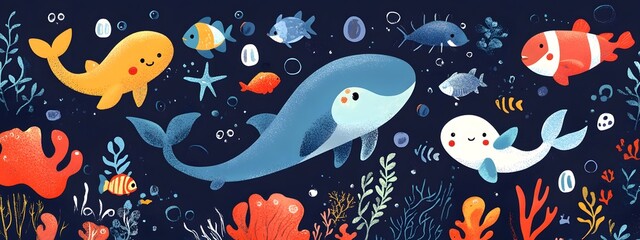 A cute, flat illustration of an ocean scene with various sea creatures, including whales and turtles, surrounded by seaweed and jellyfish in pastel blue tones on a dark purple background, in a hand-dr