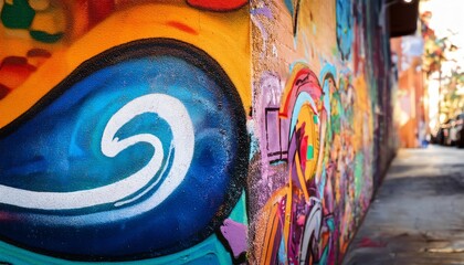 Fototapeta premium Vibrant street art featuring colorful graffiti and wave motifs on a textured wall.