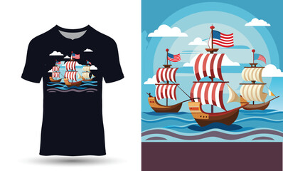 illustration style depicting Columbus Day t-shirt design.
