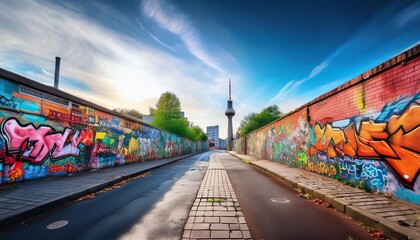 Fototapeta premium A vibrant street scene showcasing colorful graffiti on walls, leading towards a prominent tower under a bright sky.