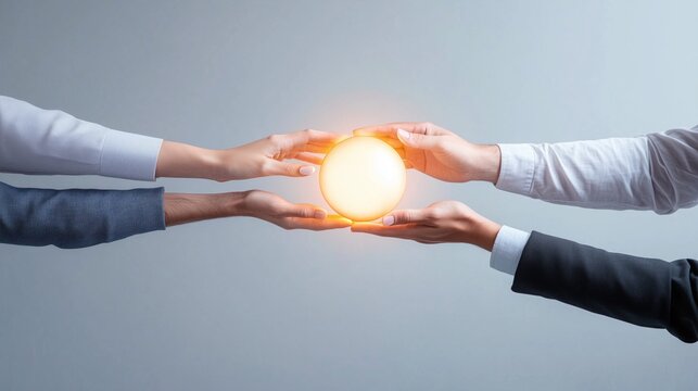 Two hands reach towards each other, holding a glowing orb symbolizing collaboration and shared goals.