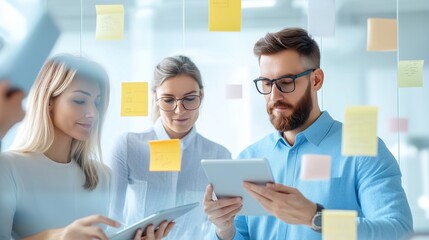 Obraz premium A team of three professionals collaborate using tablets and sticky notes in a modern office.