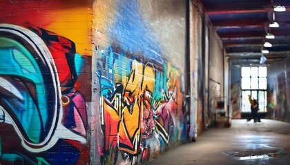 Obraz premium A vibrant alleyway adorned with colorful graffiti art, leading to a well-lit area, showcasing urban creativity and expression.