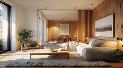 Fototapeta premium A cozy bedroom opening up to living area with warm, inviting atmosphere. natural wood accents and soft furnishings create serene and comfortable space perfect for relaxation