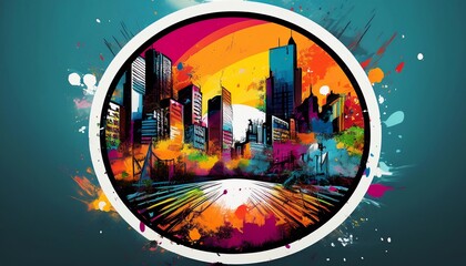 Obraz premium A vibrant urban landscape depicted in colorful, abstract art featuring skyscrapers and a reflective body of water, surrounded by dynamic splashes of color.