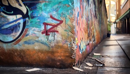 A vibrant urban alleyway with colorful graffiti and a weathered, textured wall, showcasing street...