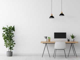 Modern office with sleek desk and minimalist accessories, minimalistic design, focused productivity