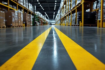 Modern warehouse floor with yellow markings on the floor background.