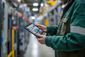 Close up of technician hand using digital tablet on shop floor in a factory.

