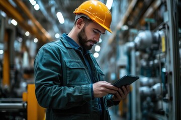 Technician wearing hard hat using digital tablet on shop floor in a factory.

