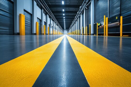 Modern warehouse floor with yellow markings on the floor background.