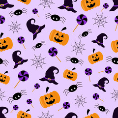 Vector seamless Halloween pattern with pumpkins, witch hats, cobwebs, spiders and candies on a purple background