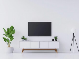 Modern living room with sleek media console and minimalist decor, minimalistic furniture, entertainment harmony