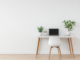 Minimalist home office with uncluttered desk and simple shelving, minimalistic interior, focused workspace