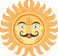  The sun god, sun deity Hiranyagarbha, hiranya symbol, pattern and texture icon in hinduism with face and moustache, cartoon style, charm, talisman, amulet for spirituality idol