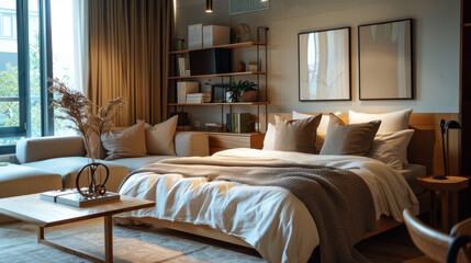 Fototapeta premium A cozy bedroom opening up to living area, featuring comfortable bed with soft pillows and warm blanket. natural light enhances inviting atmosphere, perfect for relaxation