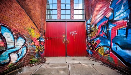 A vibrant display of street art frames a red door in a brick setting, creating a striking urban entrance.