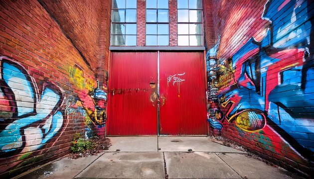 A vibrant display of street art frames a red door in a brick setting, creating a striking urban entrance.