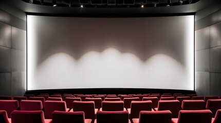 Empty Cinema Hall With Red Seats and a Large Screen Illuminated in a Quiet Atmosphere Before the Movie Starts