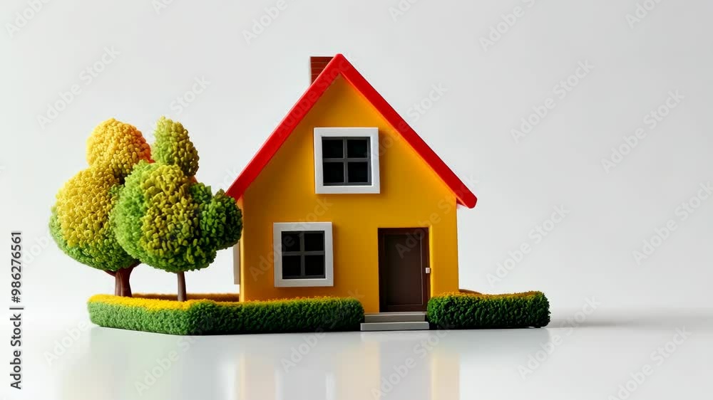Poster a yellow house with a red roof and a tree in front of it