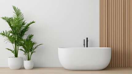 Fototapeta premium Modern bathroom with clean lines and natural materials, minimalistic interior, harmony and simplicity