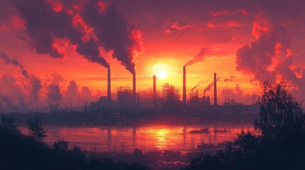 Fototapeta premium Industrial Sunset with Smoke Stacks