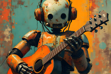 a rusty robot plays an electric guitar