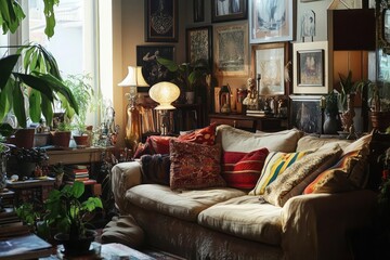 Eclectic living space, maximalist decor, cozy, whimsical