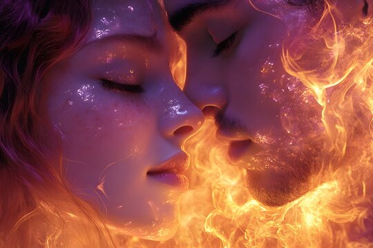 All-encompassing flame of love. Divine feeling. A couple in a tight embrace of bright flame and passion.