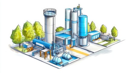 Industrial Facility Illustration with Trees and Blue Tanks