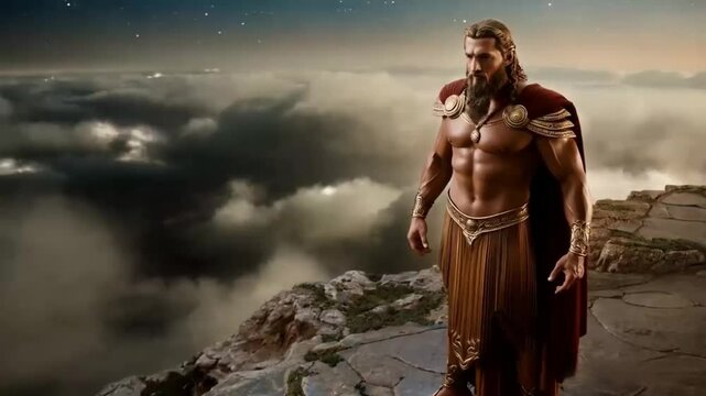 greek god zeus portrait on top of a mountain with landscape cloudy 
