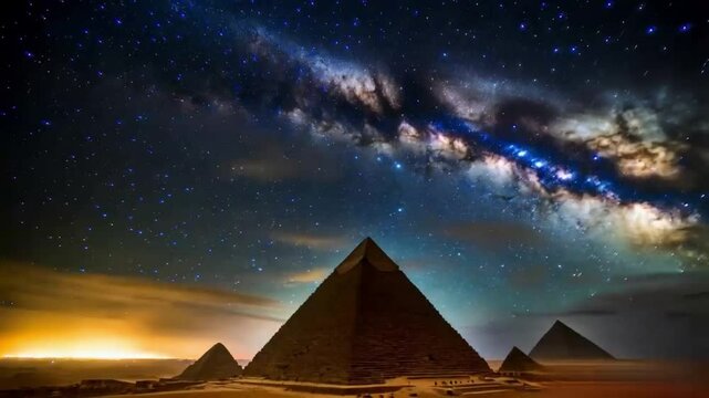 The great pyramids of Giza in Egypt under the vibrant night sky with milky way