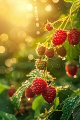 Closeup view of raspberry fruit on plant with leaf in plantation farm